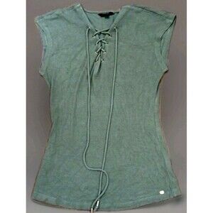 Guess Women’s L Olive Green Lace Up Babydoll Top Y2K Stretch Ribbed Tee